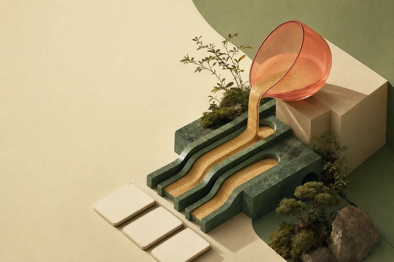 A coral glass vessel pours golden material into three measured green stone channels.